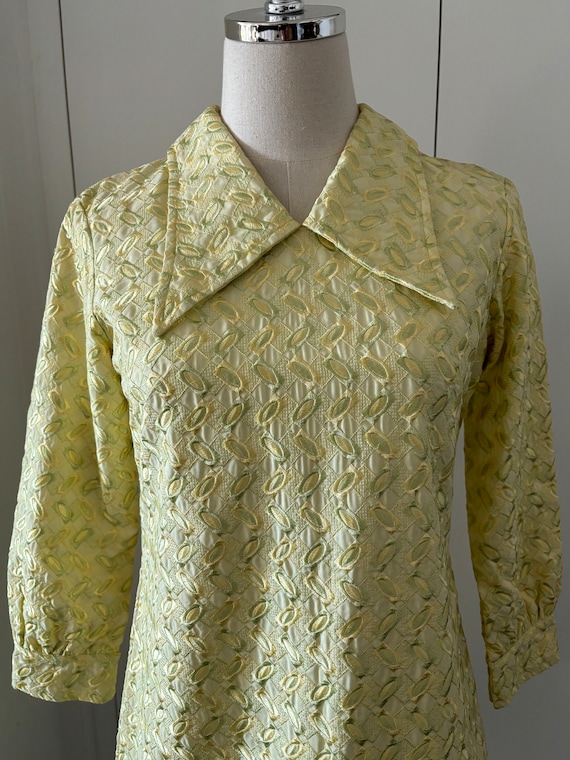 Vintage 60s 70s Embroidered Mod Yellow Mini Dress… - image 1