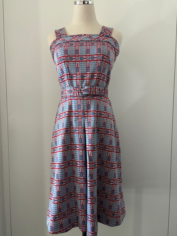 Vintage Tennis Print 60s 70s Mini Dress with Belt