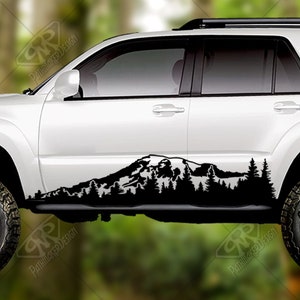 Mt. Rainier Mountain and Trees Banner Large Vinyl Decal, Bumper Sticker. For side of Truck Decal or Rv Decal, Camper Decal or Wall Decal