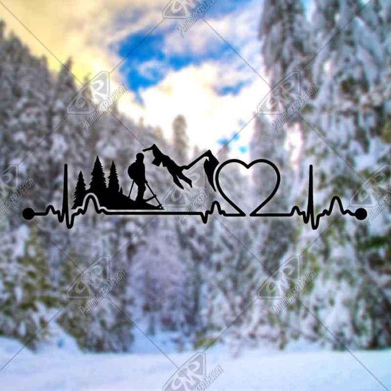 Heartbeat Skiing version 2 Vinyl Decal Bumper Sticker for Car Window Decal, Windshield Decal, Custom RV Decal, Camper Decal, Hiking Decal image 2