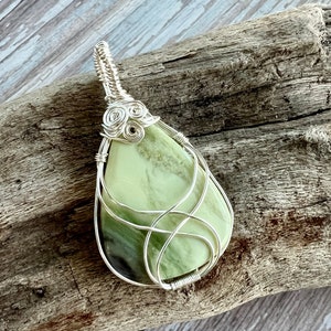 Wire Wrapped Green Serpentine Necklace, NewJade Necklace, Green Gemstone image 2