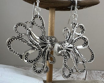 Silver Octopus Earrings, silver Earrings, Bold Earrings, Large Earrings, Octopus Jewelry, Ocean Jewelry, Beach Jewelry, Nature Jewelry