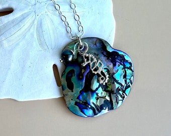 Abalone Shell and Sea Horse Pendant, Paua Shell Pendant, Natural Shell,