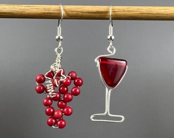 Wire Wrapped Wine Glass Earrings, Red Wine Earrings, Wine and Grape Earrings, Wine Lover