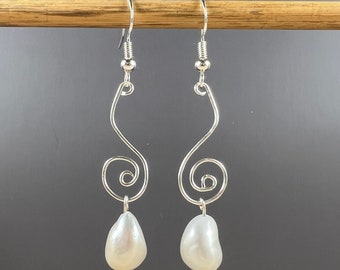 Silver Swirl and Pearl Earrings, Lightweight Earrings, Freshwater Pearls