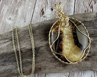 Wire Wrapped Septarian Stone Necklace, Septarian Fossil Stone