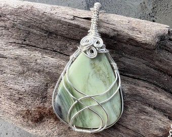 Wire Wrapped Green Serpentine Necklace, NewJade Necklace, Green Gemstone