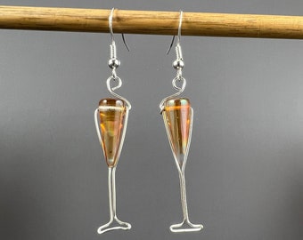 Wire Wrapped Champagne Flute Earrings, Celebration Earrings, Wine Lover