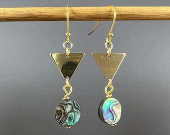 Triangle and Abalone Earrings, Geometric Abalone Earrings, Paua Shell Earrings
