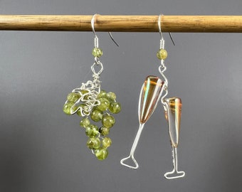 Wire Wrapped Wine Glass Earrings, White Wine Earrings, Wine and Grape Earrings, Wine Lover