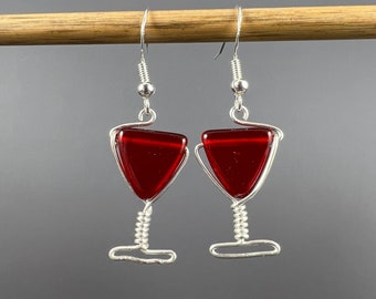 Wire Wrapped Wine Glass Earrings, Red Wine Earrings, Wine Lover