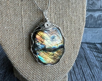 Wire Wrapped Labradorite Necklace, Genuine Labradorite, Fancy Gemstone