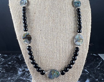 Onyx and Abalone Statement Necklace, Paua Shell Necklace