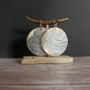 Large Gold Rim Capiz Shell Earrings, Lightweight Dangle Jewelry