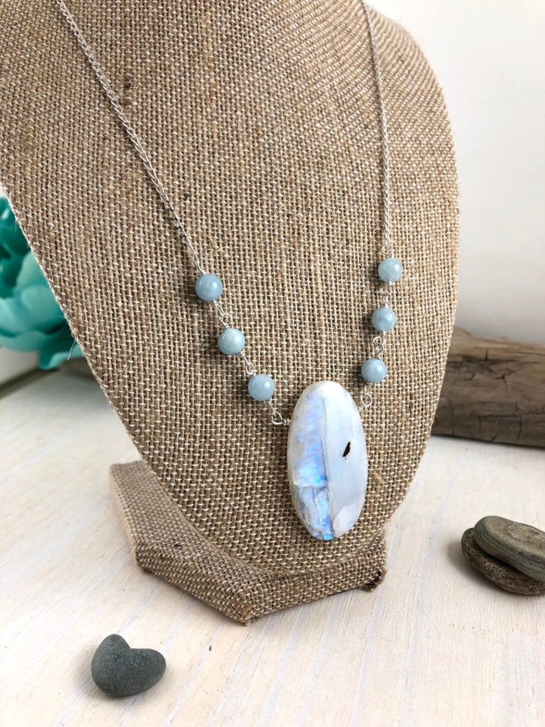 Moonstone and Aquamarine on Sterling Chain Natural Necklace Aquamarine Necklace Sterling Chain Moonstone Pendant Necklace