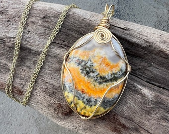 Wire Wrapped Bumblebee Jasper Necklace, Bumblebee Stone