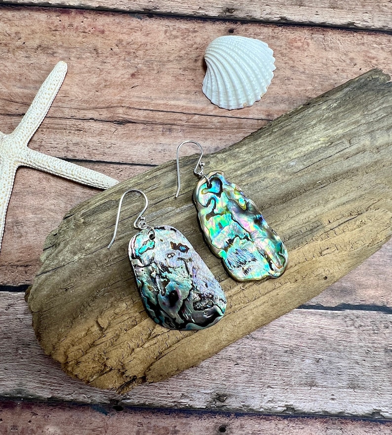 Sterling Silver Abalone Shell Earrings, Natural Iridescent Paua