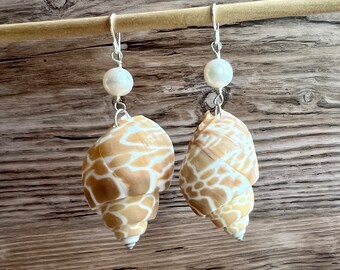 Pearl and Shell Earrings, Babylonia Spirata Shell Earrings, Large Shell Earrings