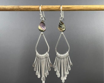 Abalone Fringe Earrings, Silver Fringe, paua shell