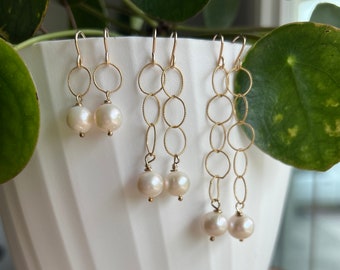 White Pearl and Gold Earrings, Gold Earrings, Bridal Earrings. Bridal Jewelry, Long Earrings, Dainty Earrings