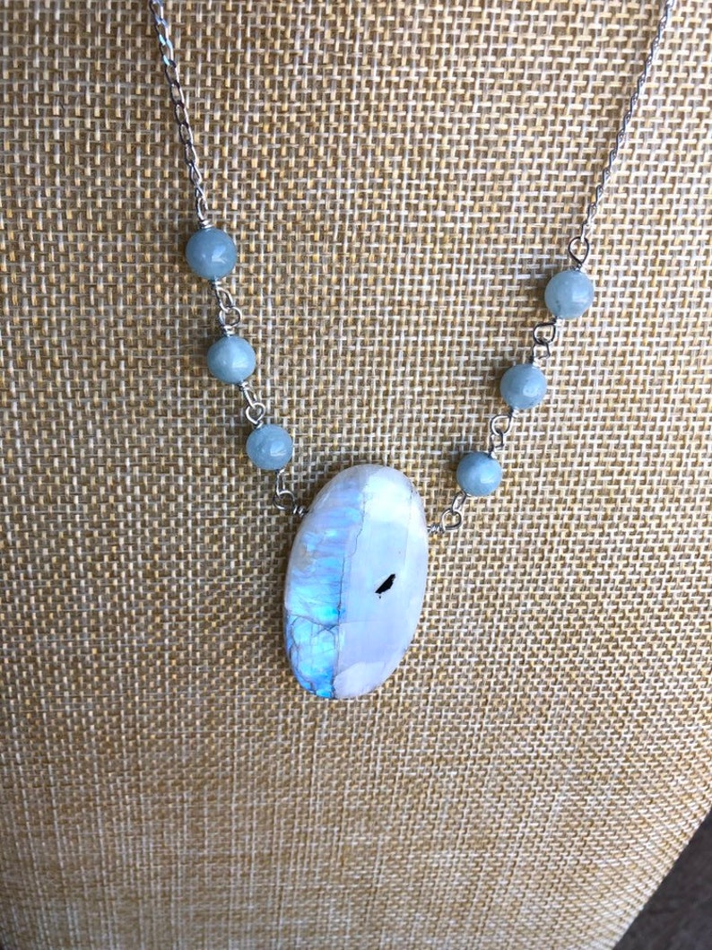 Moonstone and Aquamarine on Sterling Chain Natural Necklace Aquamarine Necklace Sterling Chain Moonstone Pendant Necklace