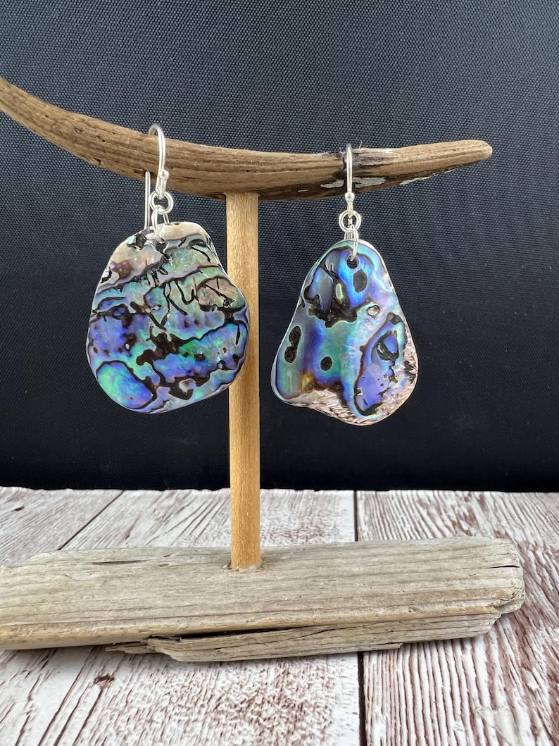 Sterling Silver Abalone Shell Dangle Earrings, Natural Iridescent Paua
