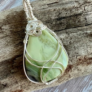 Wire Wrapped Green Serpentine Necklace, NewJade Necklace, Green Gemstone image 5