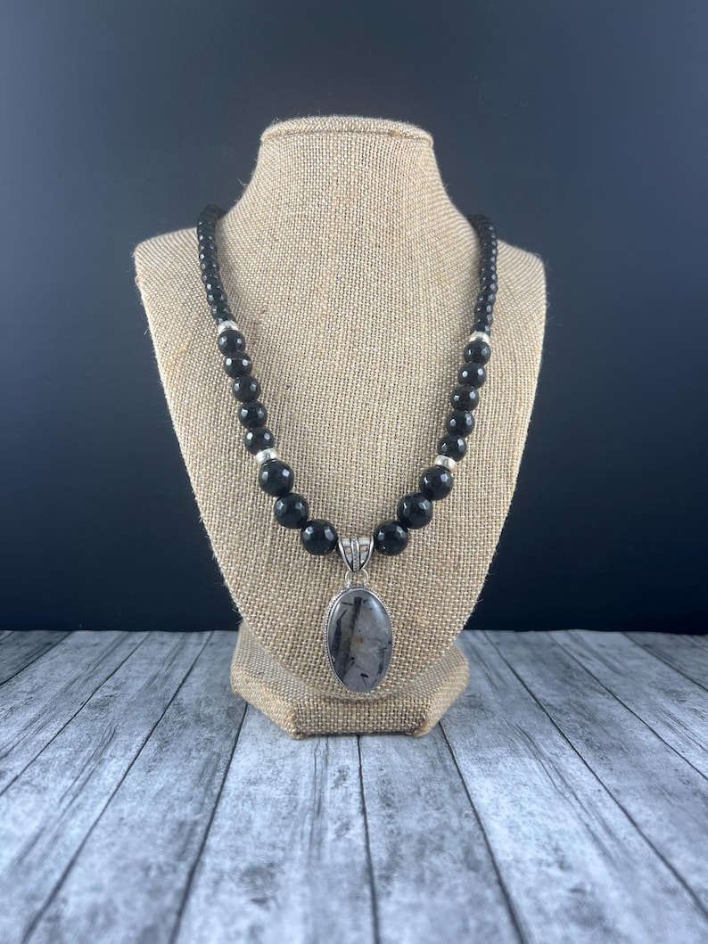 Black Onyx Necklace, Rutilated Quartz Pendant, Sterling Silver