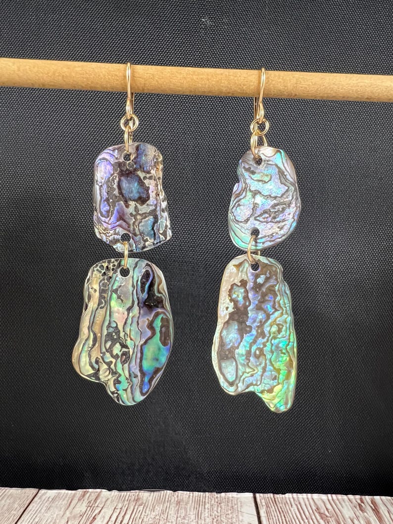 Double Abalone Dangle Earrings, Gold Vermeil Hooks, Ocean Jewelry