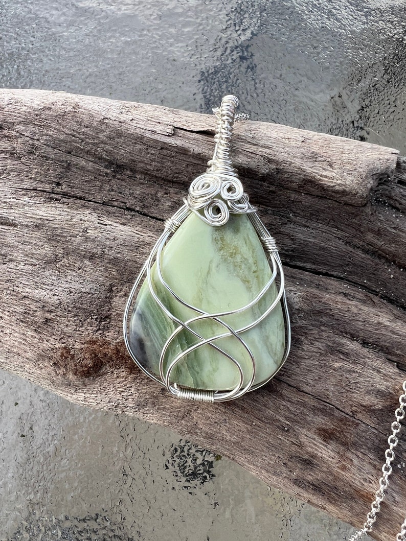 Wire Wrapped Green Serpentine Necklace, NewJade Necklace, Green Gemstone image 1