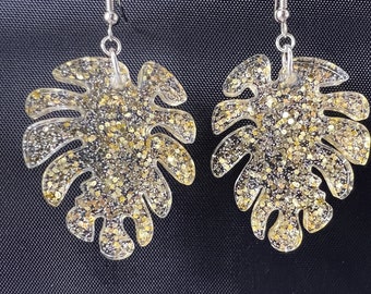 Resin Monstera Leaf and Glitter Earrings, Sparkly Earrings, Fun Jewelry