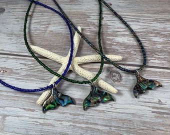 Whale Tail Necklace, Simple Seed Bead and Abalone Necklace, Glass Seed Bead