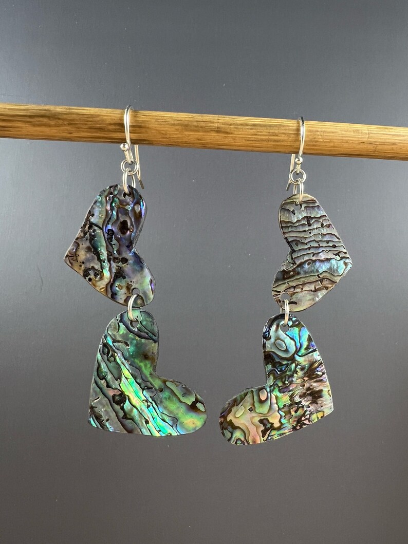 Abalone Heart Earrings, Sterling Silver Paua Shell Dangle Earrings