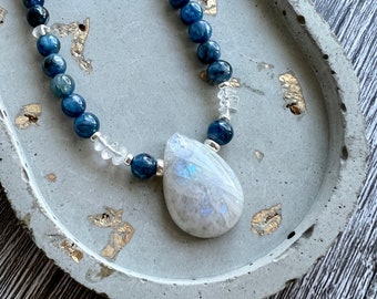 Moonstone and Kyanite Necklace, Blue Flash Moonstone, Gemstone Necklace