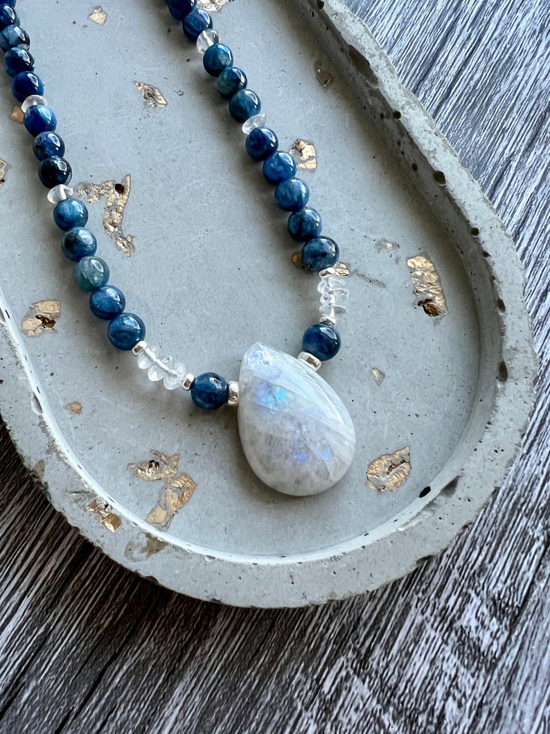 Moonstone and Kyanite Gemstone Necklace, Sterling Silver Accents
