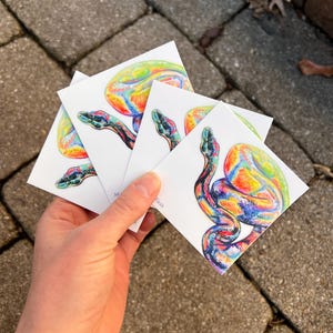 Op de afbeelding: Een hand houdt een stapel vierkante witte kaarten vast met kleurrijke slangenillustraties. De slangen zijn afgebeeld met levendige regenboogtinten, waaronder blauw, groen, geel en rood. Het kunstwerk is gedetailleerd en toont de schubben en patronen van de slang.