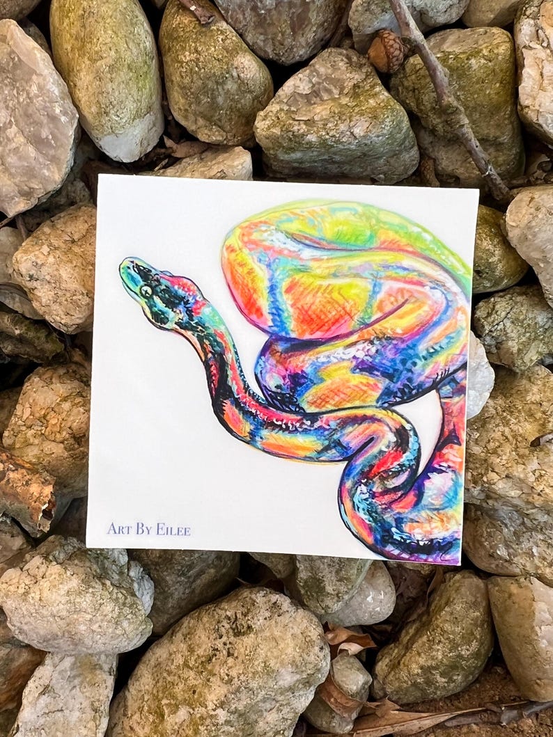 Op de afbeelding: Kleurrijke slangenillustratie op wit papier. Het kunstwerk toont een regenboogkleurige slang met levendige tinten blauw, groen, geel en rood. De tekst "ART BY EILEE" staat linksonder.