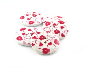 Boutons ronds 30 mm en bois fleurs rouges lot de 5