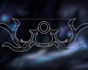 May include: A white line drawing of a stylized design with a central circle and two symmetrical curved shapes on either side. The design is reminiscent of a stylized crown or a decorative element.