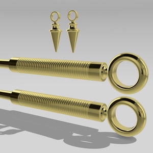 Könnte beinhalten: Zwei goldfarbene Metallstangen mit einem Gewindedesign und einem Ring am Ende. Zwei goldfarbene Metallpyramidenförmige Anhänger mit einem Ring oben.