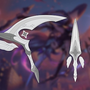 May include: Two silver-colored fantasy weapons with star-shaped designs. The larger weapon is a curved blade with a wing-like design. The smaller weapon is a dagger with a pointed tip.