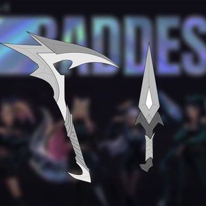 May include: Two silver-colored fantasy weapons. The first is a curved blade with a long handle. The second is a dagger with a pointed tip and a diamond-shaped blade.