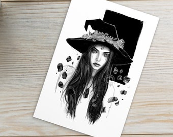 Earth Witch illustration, witch print 4" x 6" Mini Art Print, Tattooed Witch Illustration, Earth Witch, postcard art, Witchcore, witchyvibes