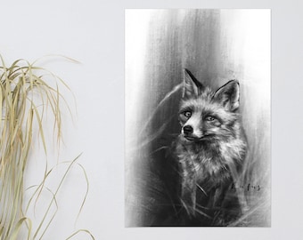 Fox digital art print, 12x18", 18x24", 24x36" wall art, charcoal art print, Fox illustration, wild animal print,