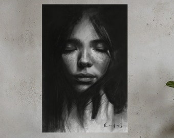 Digital Art print "Quiet", Wall art, 12"x18", 18" x 24", 24"x36" print. Charcoal portrait print, large scale portrait art.