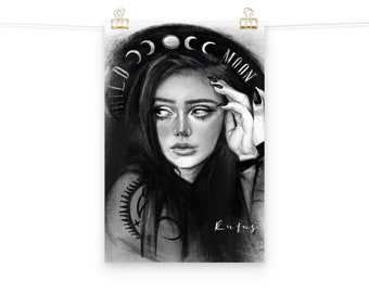 Moon Child | female portrait | witch print | witchy vibes | modern witch | art print | witchy woman | fantasy art | charcoal Print | occult