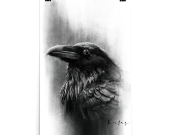 Raven Illustration print, charcoal art print, bird print, corvid illustration, wall art. 12"x18", 18"x24", 24"x 36" digital art print