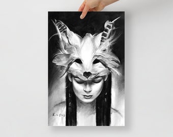 May include: Black and white art print of a person wearing a fox mask with feathers. The artwork features a detailed drawing of a person with long dark hair and closed eyes. The mask is white with feather accents. Signed "Kufus".