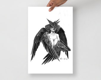 Wydruk anioła | biblijna sztuka anioła | wydruk artystyczny | skrzydła anioła | rysunek węglem | sztuka ścienna | wydruk plakatu | skrzydła