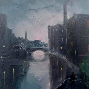 NUOVO DI ZECCA Dipinto ad olio originale su tavola, firmato, unico, da collezione, impressionismo industriale, canale di Manchester, direttamente dall&#39;artista.